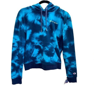 Champion Women's Blue Tie Dye French Terry Hoodie with Chest Logo Size S NWT